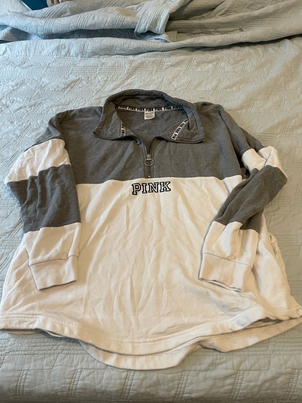 PINK Victoria's Secret Gray & White Colorblock Quarter-Zip Pullover